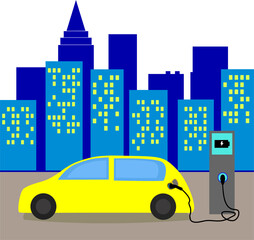 Yellow electric car charging with cityscape in background. Green energy concept. 

