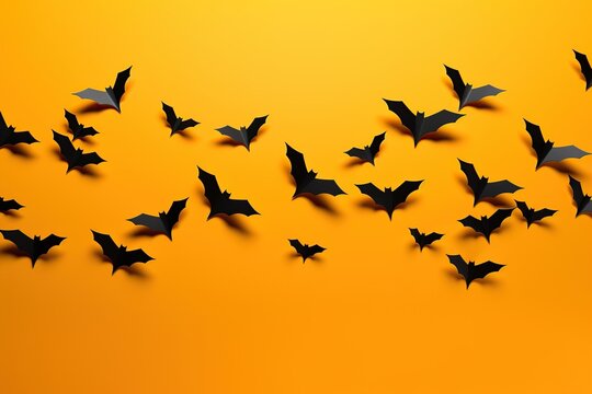 Halloween background with flying bats on orange background. 3d render
