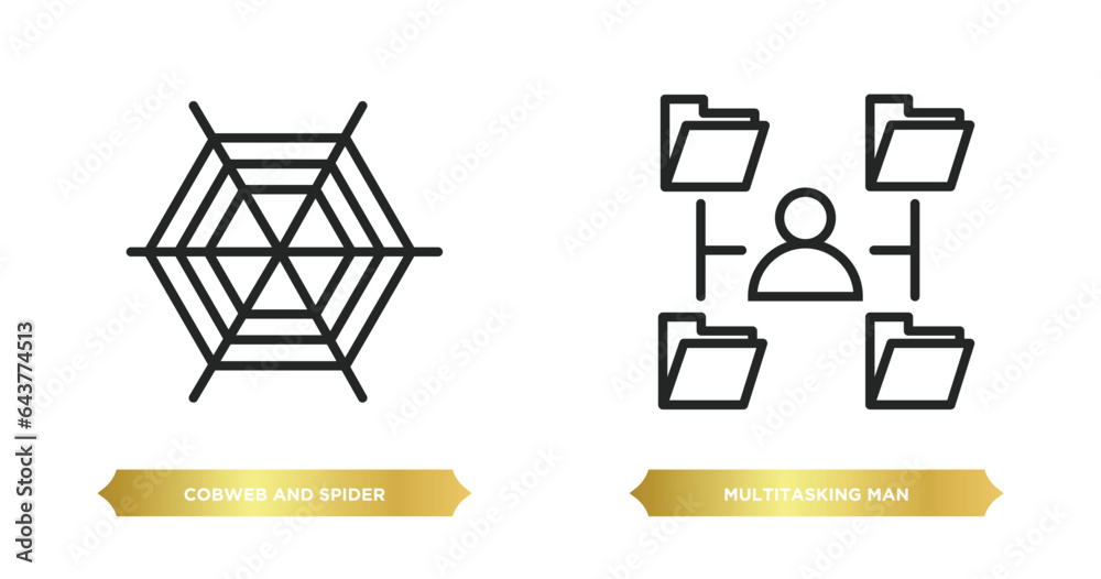 Poster two editable outline icons from web concept. thin line icons such as cobweb and spider, multitasking