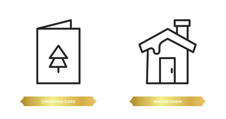 two editable outline icons from winter concept. thin line icons such as christmas card, winter cabin vector.