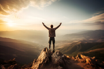 Fototapeta na wymiar Summit of Joy A Positive Man Celebrating on a Mountain Top, Arms Raised in Triumph