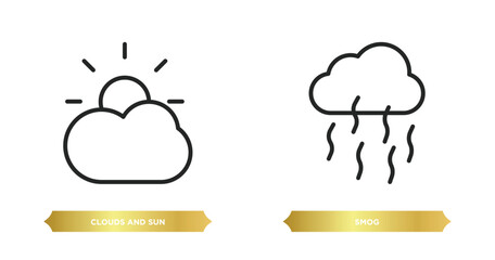 two editable outline icons from weather concept. thin line icons such as clouds and sun, smog vector.