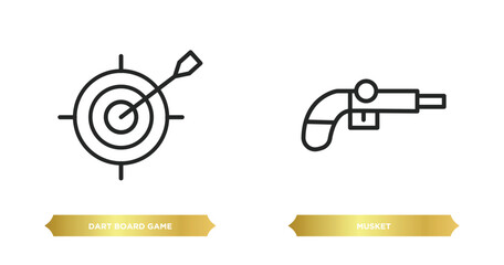 two editable outline icons from weapons concept. thin line icons such as dart board game, musket vector.