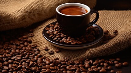 Close up of cup of espresso with coffee beans