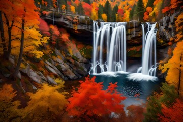 A hyper-realistic waterfall in autumn, viewed from atop a hill