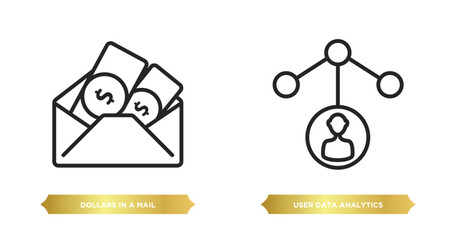 two editable outline icons from user interface concept. thin line icons such as dollars in a mail, user data analytics vector.