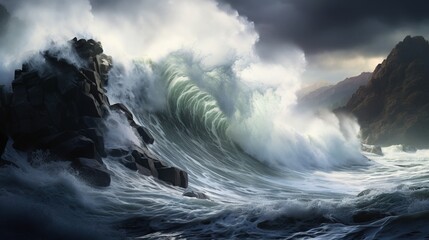 a painting of a large wave crashing over a rocky cliff.  generative ai