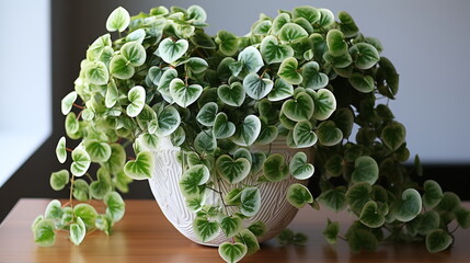 Houseplant bush with hanging green variegated heart-shape leaves - AI Generated
