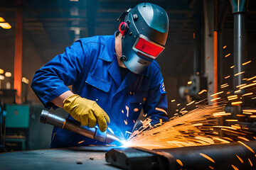 Male in face mask welds with argon arc welding.