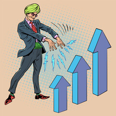 Financial swindlers and sorcerers. Manipulations with stocks and investments. A man in a turban and a suit affects the growth of the graph. Pop Art Retro