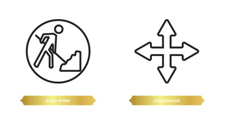 two editable outline icons from traffic signs concept. thin line icons such as road work, crossroads vector.