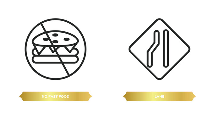two editable outline icons from traffic signs concept. thin line icons such as no fast food, lane vector.
