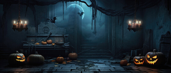 Halloween spooky background, scary pumpkins with smoke in old big creepy Happy Haloween ghosts horror house inside big empty foggy room. Creepy october dark smoky mysterious night backdrop concept.
