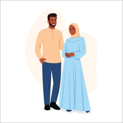 Vector illustration of a happy Muslim family, man and woman isolated on white background. Cartoon scene of handsome and smiling, tanned Muslim men with beards and women dressed in traditional clothes.