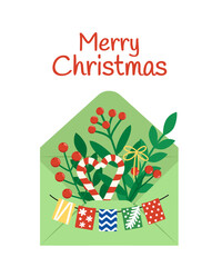 Card with green envelope of red berries, leaves, candy canes. Marry Christmas. Cartoon, vector