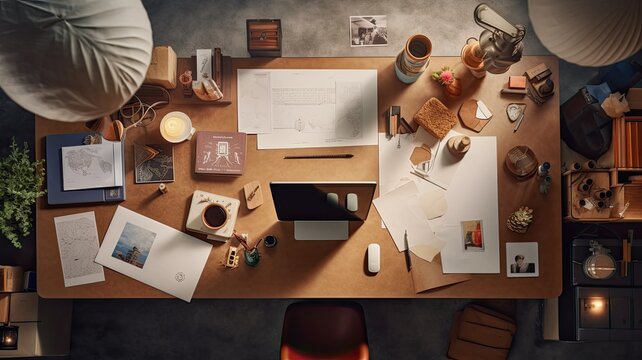 an office table desk meticulously arranged as a workspace, featuring various office supplies neatly laid out. The scene exudes an ambiance of efficiency and professionalism.