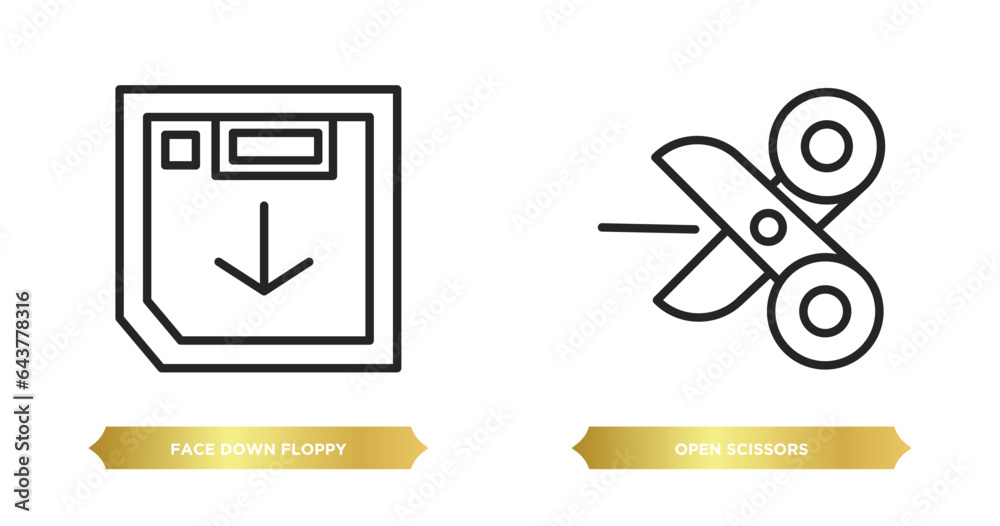 Poster two editable outline icons from tools and utensils concept. thin line icons such as face down floppy
