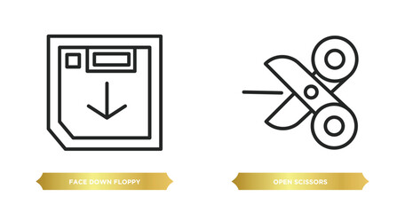 two editable outline icons from tools and utensils concept. thin line icons such as face down floppy disk, open scissors vector.