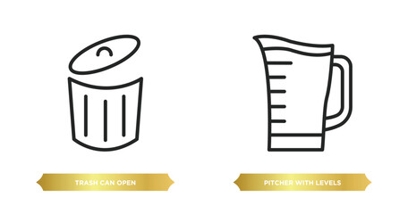 two editable outline icons from tools and utensils concept. thin line icons such as trash can open, pitcher with levels vector.