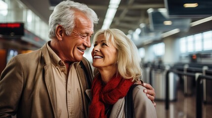 timeless love stories at the airport, show older couples sharing tender moments while reading books, drinking coffee or walking hand in hand before a flight.
