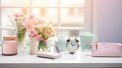 a flat scene in pastel colors, featuring elements like a small bouquet, a cosmetic bottle, a fashionable bag, and a white watch. The scene encapsulates the spirit of self-reliant creativity.