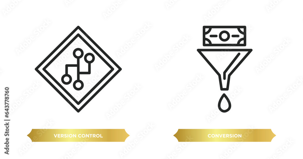 Poster two editable outline icons from technology concept. thin line icons such as version control, convers
