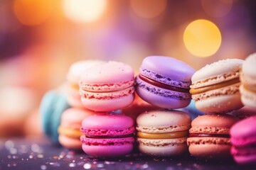 Obraz premium Colorful macaroons close up with a bokeh background. AI generated