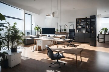 a modern home office witha sleek desk and ergonomic chair