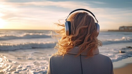 the back view of a woman wearing headphones, sitting on a bench on a winter beach. She's listening...