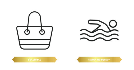 two editable outline icons from summer concept. thin line icons such as beach bag, swimming person vector.