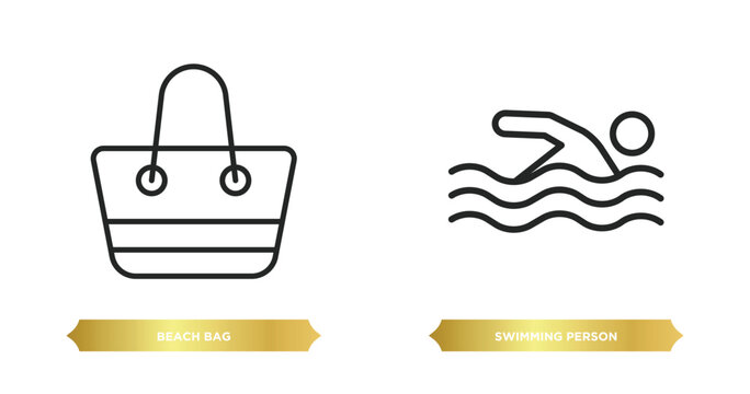 two editable outline icons from summer concept. thin line icons such as beach bag, swimming person vector.