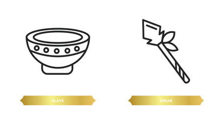 two editable outline icons from stone age concept. thin line icons such as plate, spear vector.