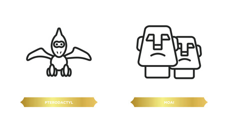 two editable outline icons from stone age concept. thin line icons such as pterodactyl, moai vector.