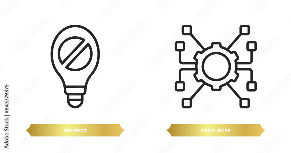 Poster two editable outline icons from startup stategy and concept. thin line icons such as restrict, resou