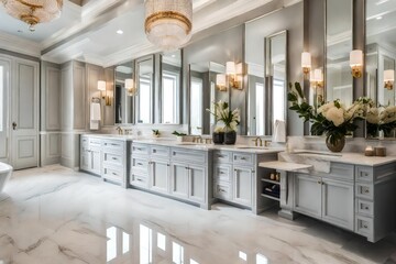 a bathroom with marble countertops anda double vanity