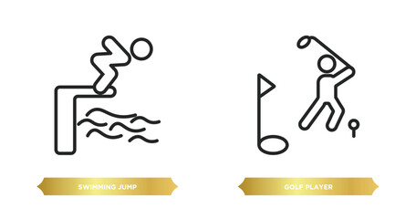 two editable outline icons from sports concept. thin line icons such as swimming jump, golf player vector.