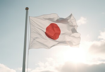 Japan's Flag blowing in the wind against shiny sky. Generative AI