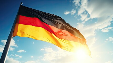 German flag on the background of a blue sky with clouds