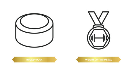 two editable outline icons from sports concept. thin line icons such as hockey puck, weight lifting medal vector.
