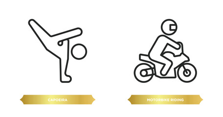 two editable outline icons from sports concept. thin line icons such as capoeira, motorbike riding vector.