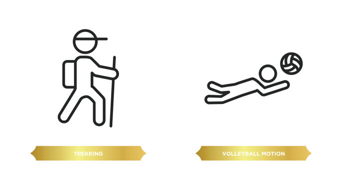 two editable outline icons from sports concept. thin line icons such as trekking, volleyball motion vector.