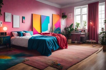 a scene ofa teenager's bedroom with vibrant colors and posters