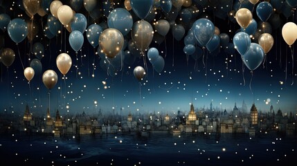  many balloons floating in the air over a city at night.  generative ai