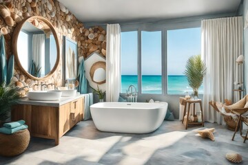 Fototapeta na wymiar a coastal-themed bathroom with seashell decor and beachy colors