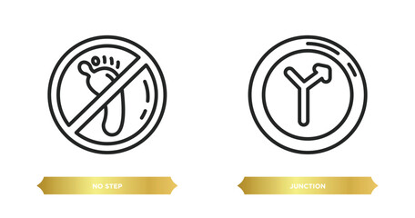 two editable outline icons from signs concept. thin line icons such as no step, junction vector.