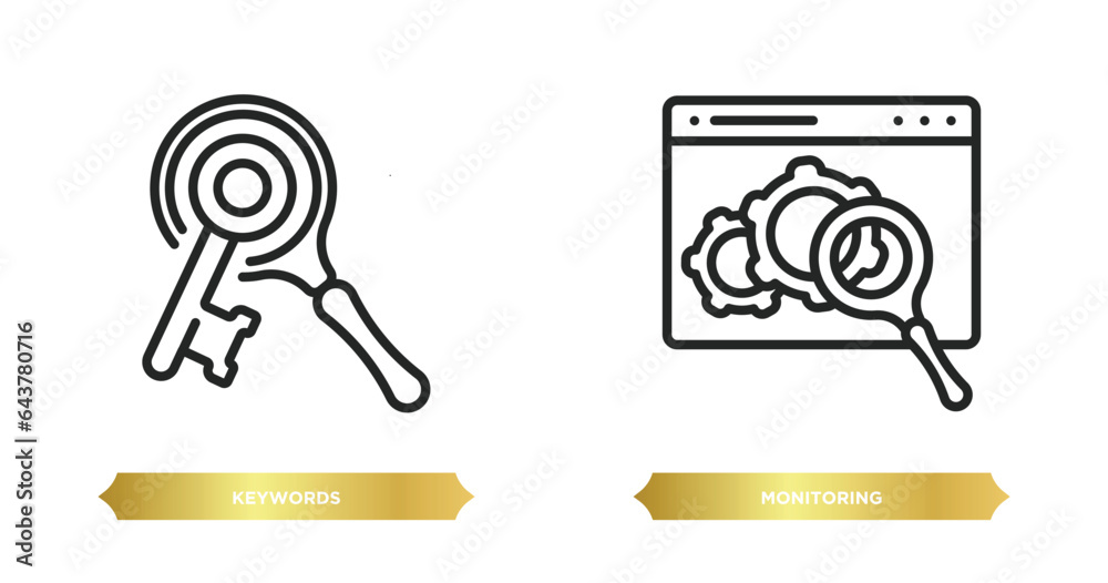 Poster two editable outline icons from search engine optimization concept. thin line icons such as keywords