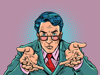 Attentive and serious office manager accepting an offer. HR agent offers a job. A man in a suit and glasses looks at you and holds out his arms towards you. Pop Art Retro