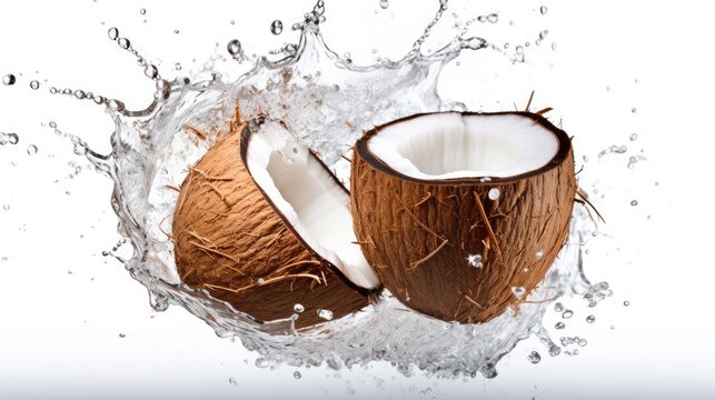 Fresh brown color half cut coconut fruit with water splashes, isolated on white background. Generative AI