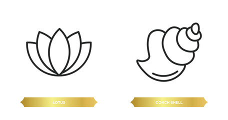 two editable outline icons from religion concept. thin line icons such as lotus, conch shell vector.