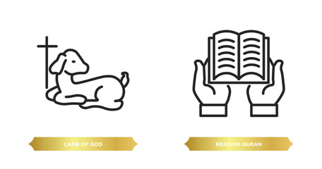 two editable outline icons from religion concept. thin line icons such as lamb of god, reading quran vector.